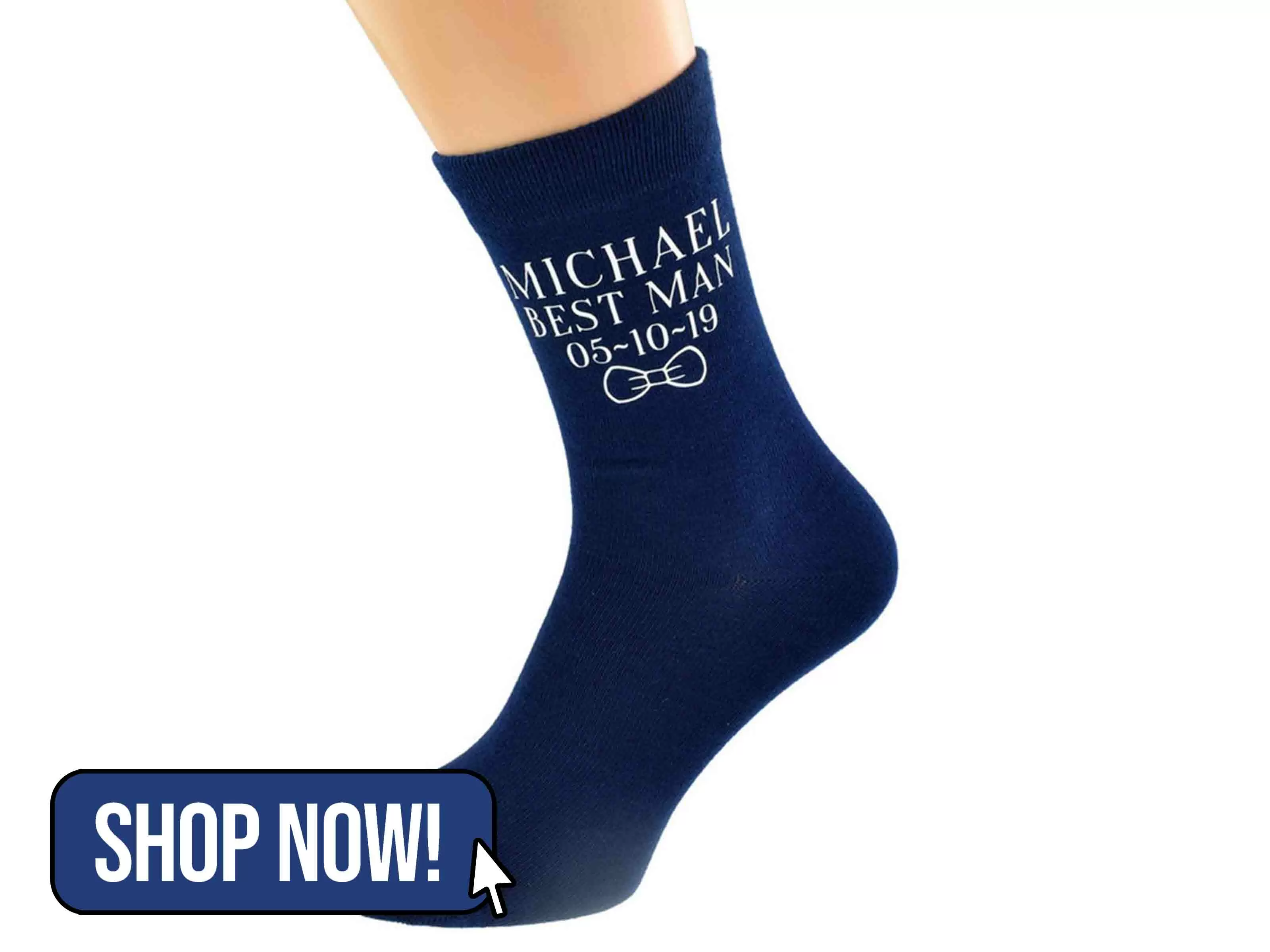 Navy Blue Wedding Bow Tie Socks Optional Personalised Name & Date - PrestigeGiftware