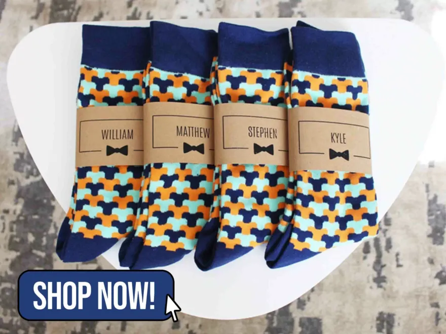Personalised Blue & Orange Groomsmen Wedding Socks - GroomsmanGear
