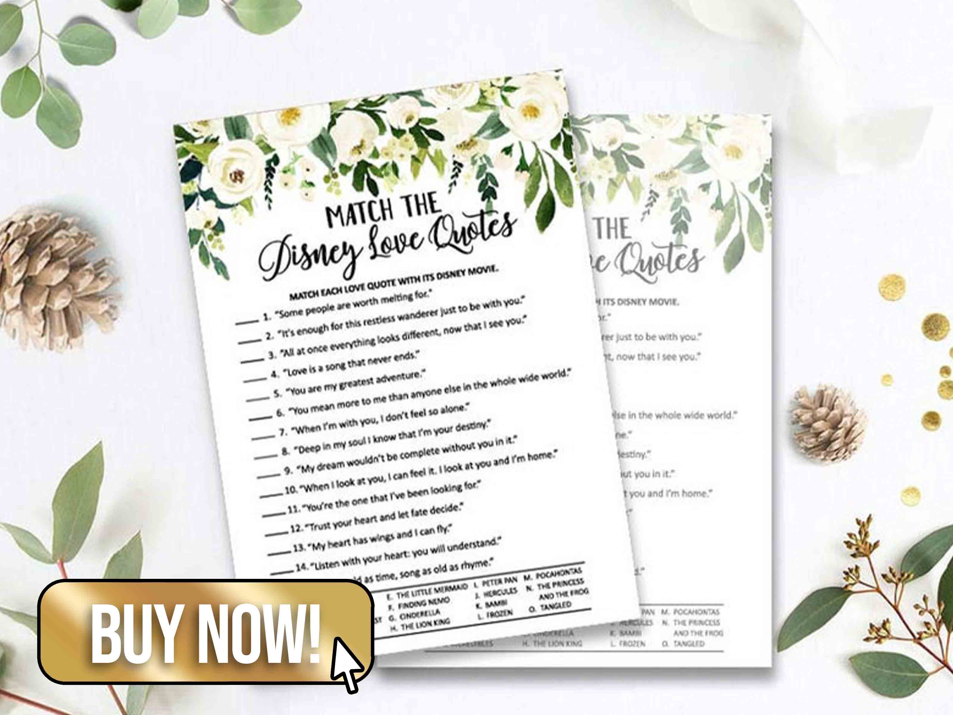 Disney Love Quotes Bridal Shower Game - BeingHappyPrints