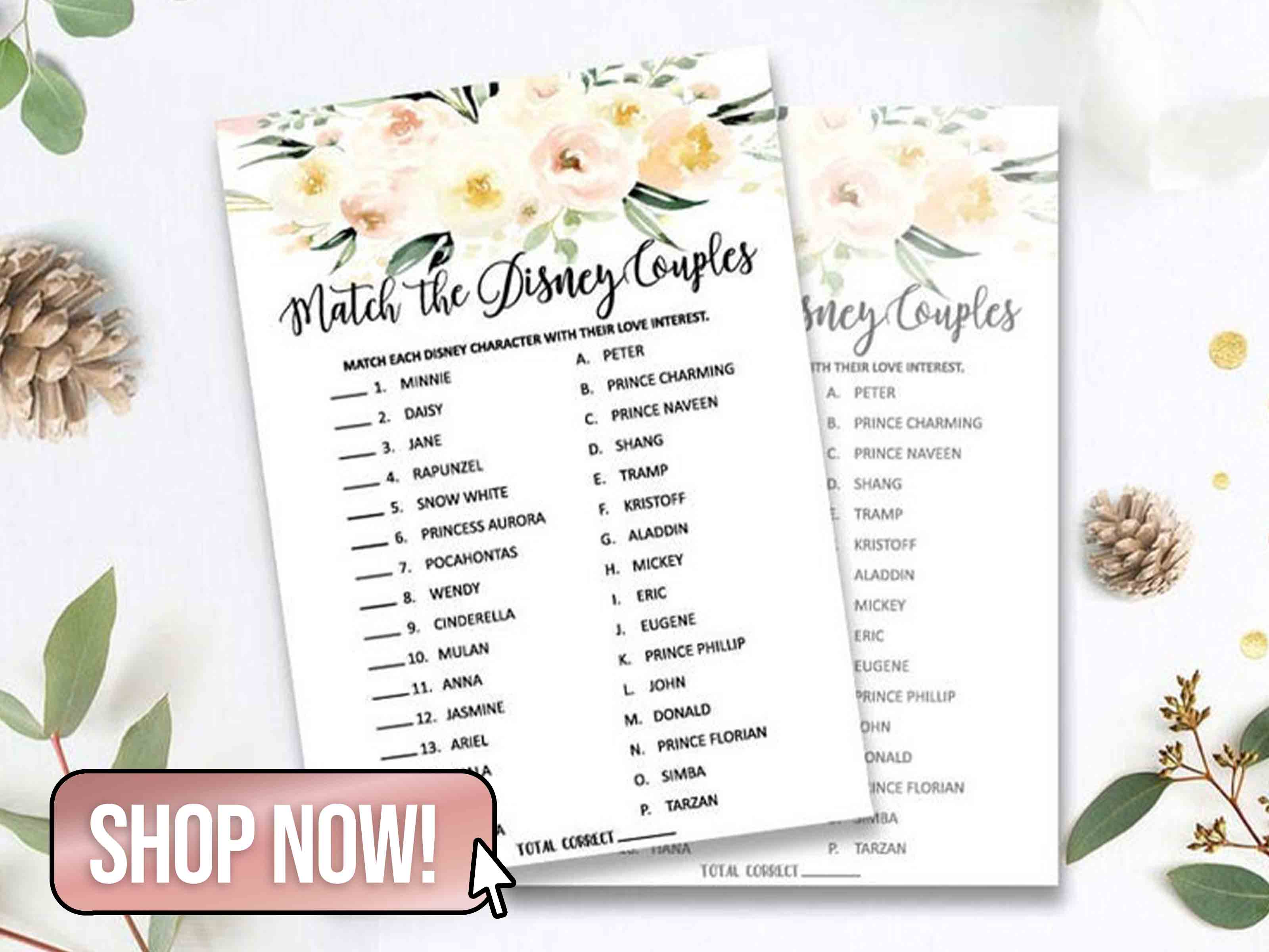 Bridal Shower Games Match Disney Couples - BeingHappyPrints