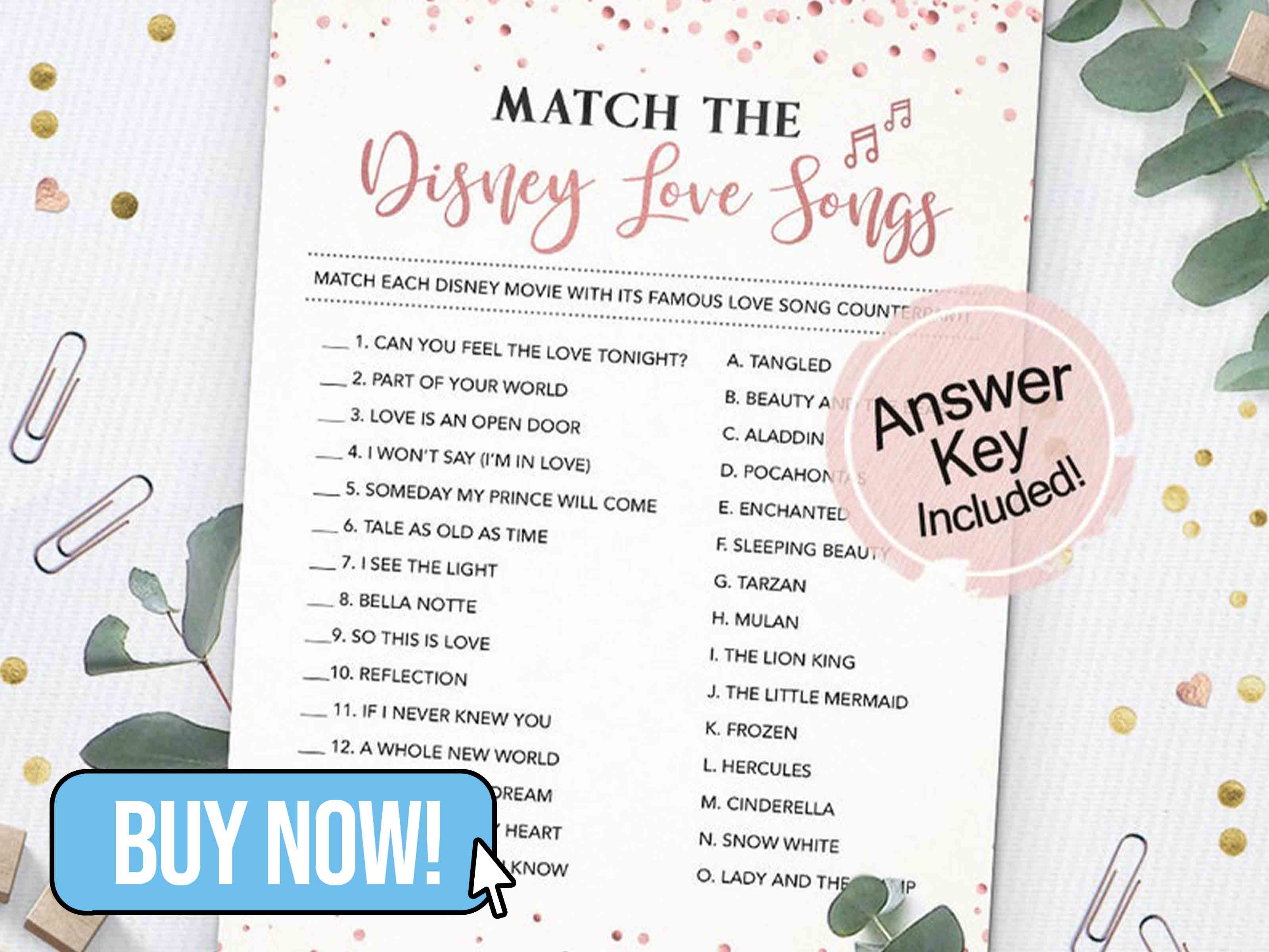 Match the Disney Love Songs - HeraPrintables