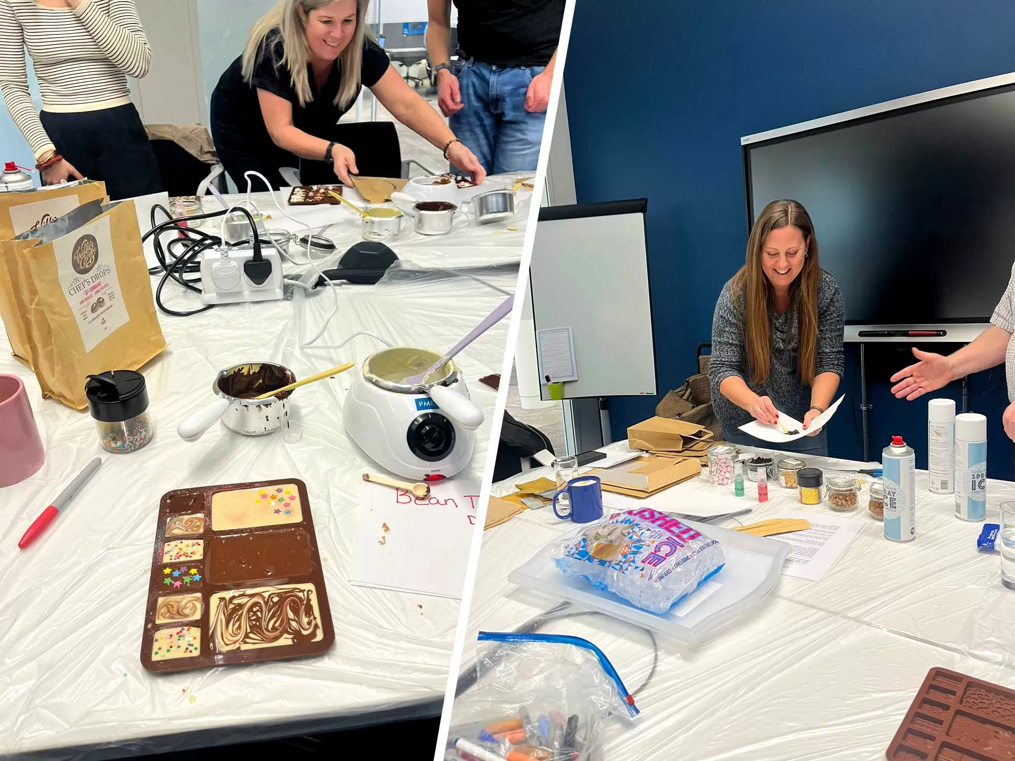 Team making handmade chocolates at a creative workshop in Manchester