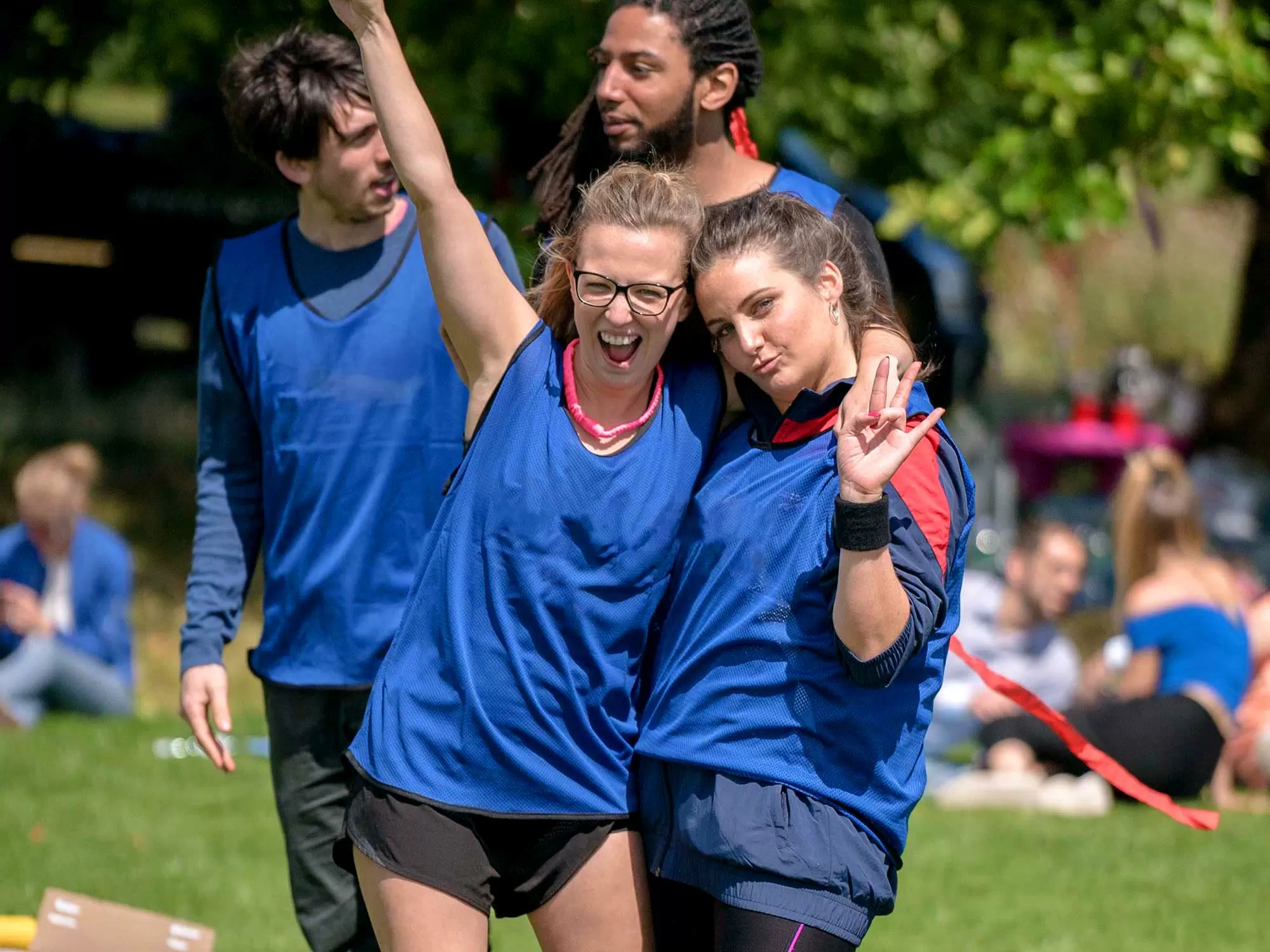 Group taking part in fun sports challenges at Manchester team event
